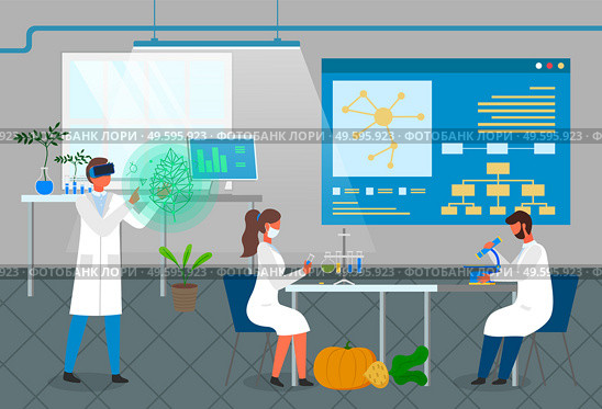 Laboratory workers exploring new methods of plant breeding and agricultural genetic of vegetables. Growing eco plants from tubes. Scientist using microscope. Virtual reality, modern technologies. Scientists exploring plant breeding, growing from tubes, using microscope, virtual reality glasses. Стоковая иллюстрация, агентство Ingram Publishing / Фотобанк Лори