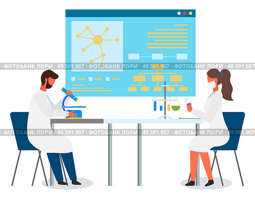 Laboratory workers making experiments. Scientist man with mircoscope. Woman researcher exploring flasks with liquid samples. Man, woman at background of board with formula, molecula, text information. Two laboratoey assistants making researches, engineer using mircoscope, scientist with test flasks. Стоковая иллюстрация, агентство Ingram Publishing / Фотобанк Лори