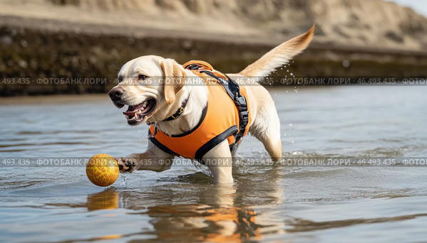 Labrador retriever fetching ball while wearing life vest in water. Стоковое AI-изображение, AI-художник Юрий Поздников / Фотобанк Лори