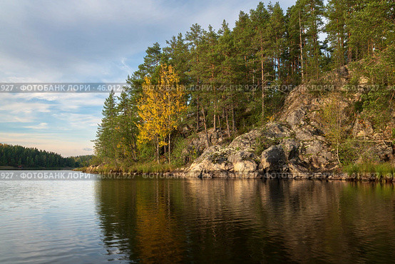 Lake Ladoga near the village Lumivaara on a sunny autumn day, Ladoga skerries, Lakhdenpokhya, Republic of Karelia, Russia. Стоковое фото, фотограф Ula Ulachka / Фотобанк Лори