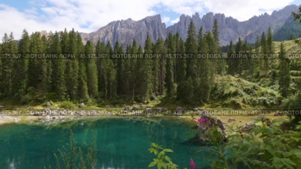 Lake landscape with mountain and forest, Lago di Carezza, Dolomites, Italy. Стоковое видео, видеограф Яков Филимонов / Фотобанк Лори