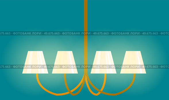 Lamp with decorative shades. Interior design element for room lighting. Hanging chandelier with gilding and bulbs. Home lighting item. Chandelier, lamp with light isolated on white background. Lamp with decorative shades, hanging chandelier. Interior design element for room lighting. Стоковая иллюстрация, агентство Ingram Publishing / Фотобанк Лори