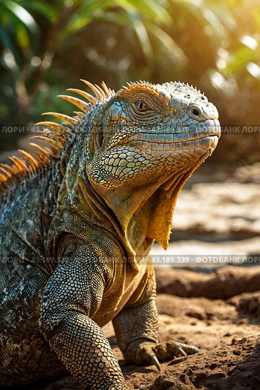 land iguana (Conolophus subcristatus) endemic to Galapagos islands. Lizards (Conolophus) in tropical animal world. Observation of wildlife area. Holiday adventure in Ecuador. Стоковое AI-изображение, AI-художник Aleksandr Golubev / Фотобанк Лори