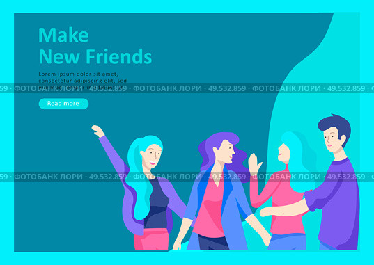 Landing page templates. Vector people happy friends character teenagers with gadgets are walking and chatting, meet new people, chat with old friends and make new. Colorful flat illustration. Landing page templates. Vector people happy friends character teenagers with gadgets are walking and chatting. Стоковая иллюстрация, агентство Ingram Publishing / Фотобанк Лори
