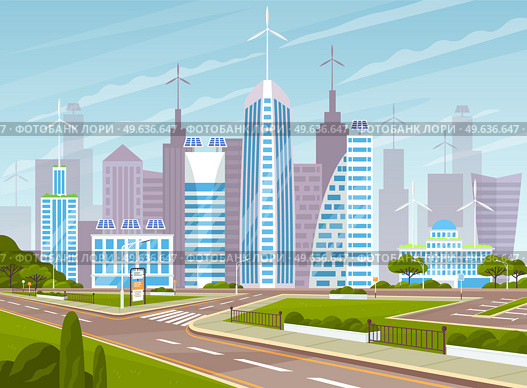 Landscape of urban city park. Cityscape of town center. Roads with markup against background of tall buildings and skyscraper. Roadway, cityscape and nature. Landscape with nature and modern buildings. Landscape with nature and modern buildings. Cityscape of town center. Roads with markup in city. Стоковая иллюстрация, агентство Ingram Publishing / Фотобанк Лори