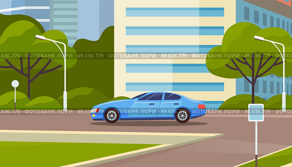 Landscape of urban city with passenger car. Modern cityscape of town with crossroads. Crossing roads against background of tall building. Roadway, cityscape and nature. Car drives along roads of city. Landscape of urban city with passenger car. Modern cityscape of town with crossroads, roadway. Стоковая иллюстрация, агентство Ingram Publishing / Фотобанк Лори
