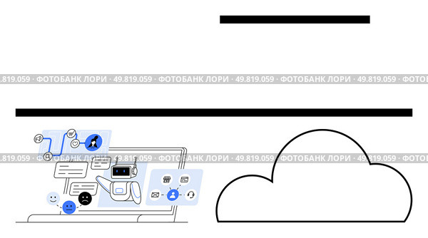 Laptop displaying AI-driven data management system, speech bubbles, icons, and cloud symbol. Ideal for IT solutions, AI integration, cloud services, data management, digital transformation. Cloud Computing and AI Integration in Data Management Systems for Enhanced Performance. Стоковая иллюстрация, агентство Ingram Publishing / Фотобанк Лори