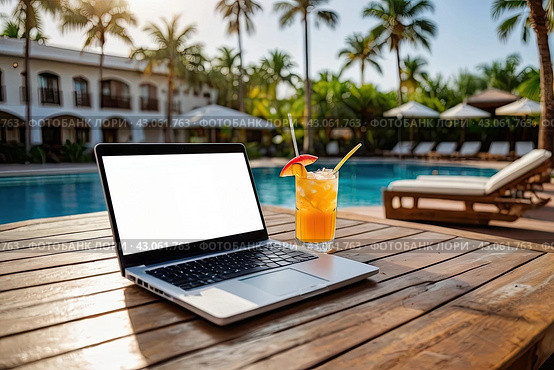 Laptop with a blank white screen on table in tropical hotel with palm trees on swimming pool on trip. Remote work on vacation and travel, home office, internet, tours, resort. AI generated. Стоковое AI-изображение, AI-художник Ольга Симонова / Фотобанк Лори