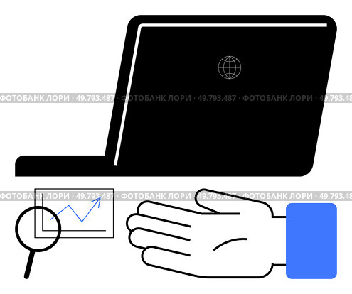 Laptop with globe icon, magnified rising graph, open hand in blue cuff. Ideal for business, digital solutions, growth, analysis, technology global reach data interpretation. Line metaphor. Laptop with globe, graph magnified, hand open business growth, digital solutions, global reach. Стоковая иллюстрация, агентство Ingram Publishing / Фотобанк Лори
