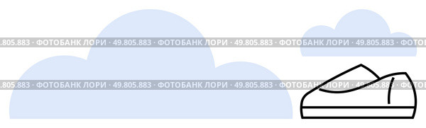 Large and small blue clouds alongside an outlined sneaker. Ideal for fashion, weather, outdoor activities, casual themes, design concepts, branding, and advertisements. Line metaphor. Minimalist Blue Clouds and Outline of Shoe Design for Fashion and Weather Themes. Стоковая иллюстрация, агентство Ingram Publishing / Фотобанк Лори