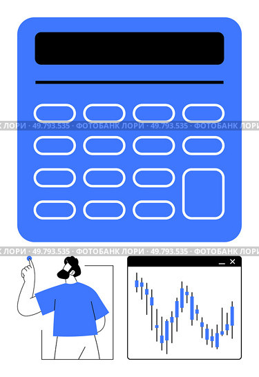 Large blue calculator with representative buttons, person pointing at a graph, and financial chart. Ideal for finance, accounting, budgeting, trading, statistics econometrics and analysis. Line. Concept of Financial Analysis with Chart, Calculator, and Analyst Visuals. Стоковая иллюстрация, агентство Ingram Publishing / Фотобанк Лори
