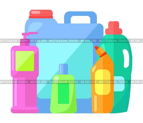 Large blue plastic canister, purple bottle with dispenser, green plastic container, toilet cleaner with tip, liquid gel for washing clothes. Set of containers for storing chemical liquid assets. Set of plastic containers for storing liquid household chemicals. Plastic containers and bottles. Стоковая иллюстрация, агентство Ingram Publishing / Фотобанк Лори