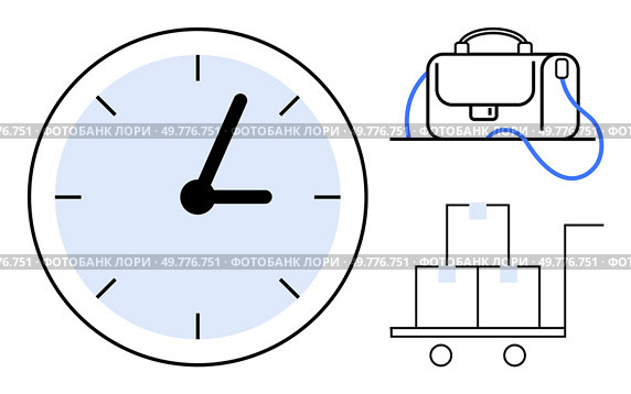 Large clock indicating time, briefcase representing work or business, and trolley with boxes symbolizing productivity or logistics. Ideal for business planning, time management, logistics, corporate. Time Management with Clock, Briefcase, and Moving Boxes for Business Efficiency. Стоковая иллюстрация, агентство Ingram Publishing / Фотобанк Лори