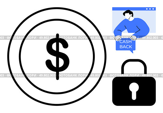 Large dollar sign coin represents money. Person holding a cashback sign suggests a transaction or refund. Lock symbolizes security and protection. Ideal for finance, ecommerce, security, savings. Modern Concepts of Cashback, Security and Money. Стоковая иллюстрация, агентство Ingram Publishing / Фотобанк Лори