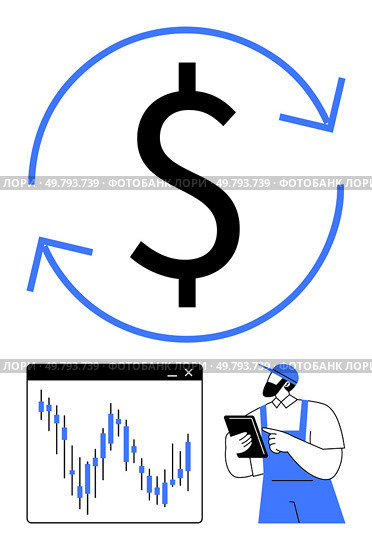 Large dollar sign with arrows, chart with fluctuating graph, worker with tablet. Ideal for finance, investments, economic growth, market analysis, data interpretation, business planning economic. Financial analyst studying market trends and data for investment strategies and economic insights. Стоковая иллюстрация, агентство Ingram Publishing / Фотобанк Лори