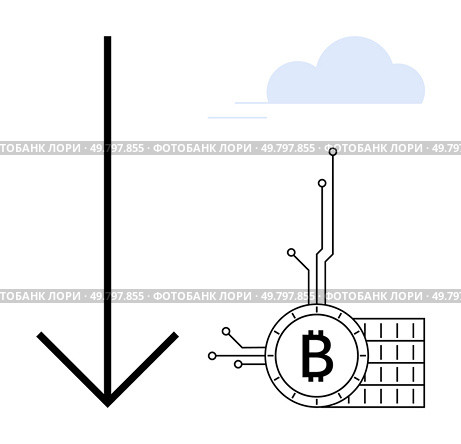 Large downward arrow next to a Bitcoin symbol with a cloud above. Represents cryptocurrency price drop. Ideal for blockchain, finance, market trends, economics, investment themes. Flat vector style. Bitcoin Price Decrease Concept Cryptocurrency Value Decline Depiction with Down Arrow and Digital Elements. Стоковая иллюстрация, агентство Ingram Publishing / Фотобанк Лори