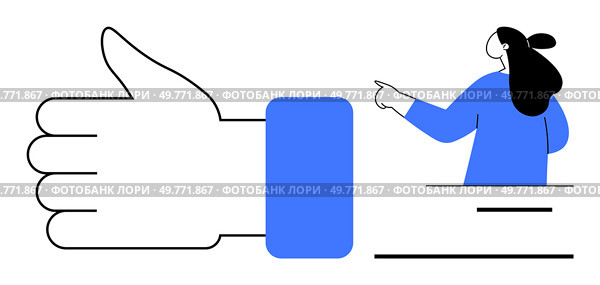Large hand with a thumbs-up gesture next to a person pointing right. Ideal for approval contexts, positive feedback, social media, teamwork encouragement, and supportive messages. Simple modern lines. Large Thumbs Up with Person Pointing Right in Minimalist Style. Стоковая иллюстрация, агентство Ingram Publishing / Фотобанк Лори