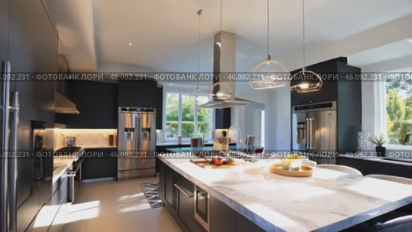 Large kitchen with a white countertop and stainless steel appliances. Стоковое AI-видео, аниматор Sergey Grishin / Фотобанк Лори