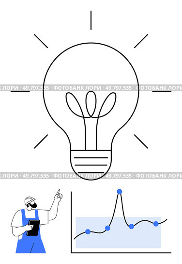 Large light bulb person with clipboard pointing graph below with rising trendline. Ideal for innovation, creativity, data analysis, business growth, strategic planning, research, technology. Line. Spark of Innovation Analyzing Data for Bright Ideas and Success. Стоковая иллюстрация, агентство Ingram Publishing / Фотобанк Лори
