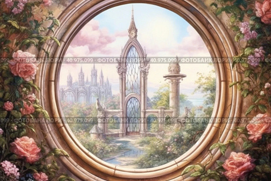 Large oval windows overlooked a garden with roses, watercolor style, Generative AI. Стоковое AI-изображение, AI-художник Анна Кривицкая / Фотобанк Лори