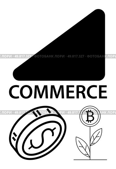 Large triangle above Commerce text, traditional coin with dollar sign, Bitcoin symbol on plant. Ideal for e-commerce, cryptocurrency, investment, finance, digital marketing fintech. Line metaphor. Growth and Evolution of Traditional and Digital Commerce Represented Through Currency Imagery. Стоковая иллюстрация, агентство Ingram Publishing / Фотобанк Лори