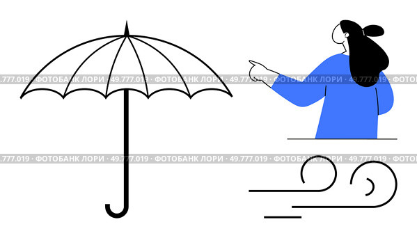 Large umbrella and person pointing at wind swirl. Ideal for weather safety, protection preparedness, health safety, shelter, environmental learning. Simple minimalistic style. Protection from the Elements Exploring Safety, Preparedness, and Weather Awareness. Стоковая иллюстрация, агентство Ingram Publishing / Фотобанк Лори