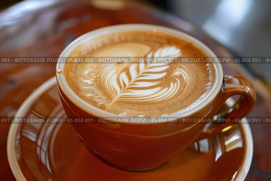 Latte art coffee in brown ceramic cup on matching saucer. Стоковое AI-изображение, AI-художник Иван Рябоконь / Фотобанк Лори