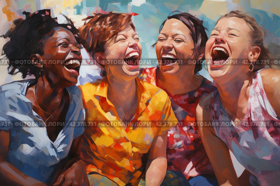 Laughing buddies, group of friends laughing together, their faces filled with joy and mirth. Стоковое AI-изображение, AI-художник Виктория Тельминова / Фотобанк Лори