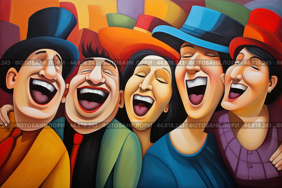Laughing buddies, group of friends laughing together, their faces filled with joy and mirth. Стоковое AI-изображение, AI-художник Виктория Тельминова / Фотобанк Лори