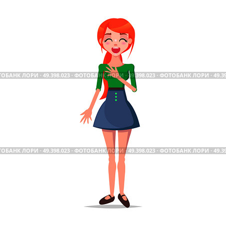 Laughing young woman illustration. Beautiful redhead girl standing with rosy smiling face, closed eyes and hand on brest flat vector isolated on white. Exited emotional female cartoon character. Стоковая иллюстрация, агентство Ingram Publishing / Фотобанк Лори