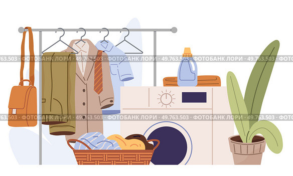 Laundry. Vector illustration. Laundromats offer communal laundry facilities Drying clothes on hangers reduces wrinkles The laundry metaphor inspires personal growth Cleaning heavily soiled clothes. Laundry. Organizing laundry saves time and effort. Fabric softeners add pleasant scent to clothes. Стоковая иллюстрация, агентство Ingram Publishing / Фотобанк Лори