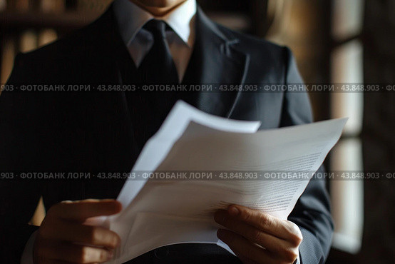 Lawyer reading legal documents in law library wearing suit. Стоковое AI-изображение, AI-художник Иван Рябоконь / Фотобанк Лори