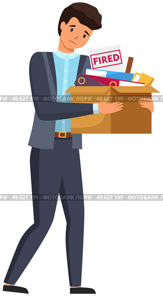 Layoff concept. Unhappy fired man leave the office with things in box isolated on white background. Unemployment dismissal of fellow workers. Jobless, problems at work and in career, staff reduction. Layoff concept. Unhappy fired man leave the office with things in box isolated on white background. Стоковая иллюстрация, агентство Ingram Publishing / Фотобанк Лори