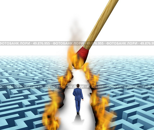 Leader Solutions with a businessman walking through a complicated maze opened up by flames and fire lit by a match as a business concept of innovative thinking for financial success. Стоковое фото, агентство Ingram Publishing / Фотобанк Лори