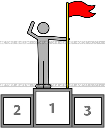 Leadership and champion, person with flag standing on pedestal of honor, striving for goal, planning, target. Strategy, teamwork, consistency for success, personal achievements on way to victory. Leadership and champion, person with flag standing on pedestal of honor, striving for goal. Стоковая иллюстрация, агентство Ingram Publishing / Фотобанк Лори