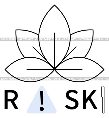 Leaf integrated with an exclamation mark inside a triangle replacing the A in the word RISK. Ideal for warnings, safety alerts, environmental messages, health advisories, risk assessments. Leaf with Exclamation Mark in Triangle Highlighting the Word Risk Signifying Caution and Awareness. Стоковая иллюстрация, агентство Ingram Publishing / Фотобанк Лори