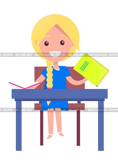 Learning Banner with Blonde Girl with Textbook. Blonde girl with textbooks sits at deskisolated on white background. Vector illustration of begginer on 1st of September, back to school concept. Стоковая иллюстрация, агентство Ingram Publishing / Фотобанк Лори