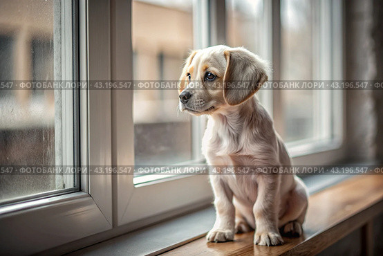 Leaving the animal alone at home. A sad little puppy looks out the window and waits for its owner. Стоковое AI-изображение, AI-художник Photojuli / Фотобанк Лори