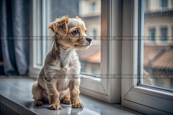 Leaving the animal alone at home. A sad little puppy looks out the window and waits for its owner. Стоковое AI-изображение, AI-художник Photojuli / Фотобанк Лори