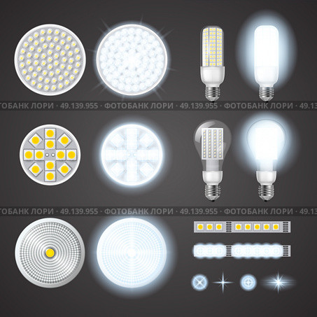 Led Lamps And Lights Effects Set. Turned on and off led lamps and lights effects of different size and shape set on black background isolated realistic vector illustration. Стоковая иллюстрация, агентство Ingram Publishing / Фотобанк Лори
