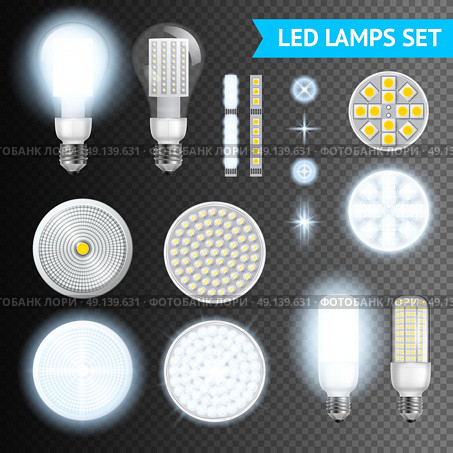 Led Lamps Transparent Set. Realistic turned on and off led lamps and lights effects of different size and shape set isolated on transparent background realistic vector illustration. Стоковая иллюстрация, агентство Ingram Publishing / Фотобанк Лори