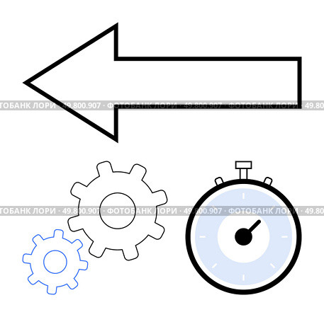 Left arrow two gears in different sizes stopwatch. Ideal for productivity, efficiency, time management, workflow, process improvement, direction, and engineering concepts. Line metaphor. Left Arrow with Stopwatch and Gears Symbolizing Time Management and Efficiency. Стоковая иллюстрация, агентство Ingram Publishing / Фотобанк Лори
