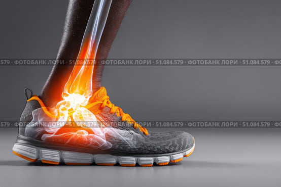 Leg with ankle joint pain icon. Foot wearing running shoes showing the bones in the ankle area. Grey floor. Feet with red effect of painful injury problems. Legs with anatomical detail glowing orange. Стоковое AI-изображение, AI-художник Марина Демидюк / Фотобанк Лори