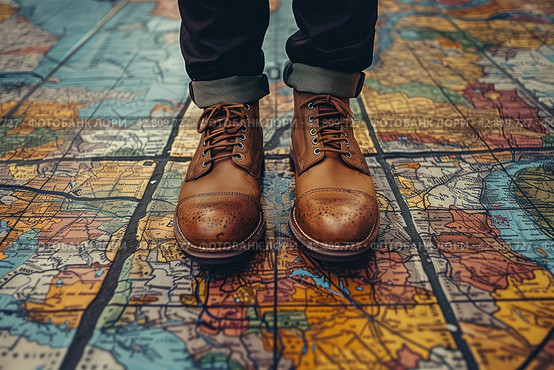 Legs of a man in stylish brown leather lace-up shoes standing on a surface covered with a large map. The map appears to be ancient, with images of lands, bodies of water and names in Latin, done in a traditional style. Стоковое AI-изображение, AI-художник Анна Кривицкая / Фотобанк Лори