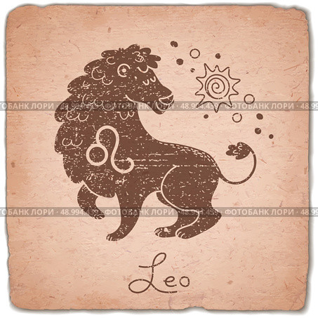 Leo zodiac sign horoscope vintage card.. Leo zodiac sign horoscope vintage card. Vector illustration. Стоковая иллюстрация, агентство Ingram Publishing / Фотобанк Лори