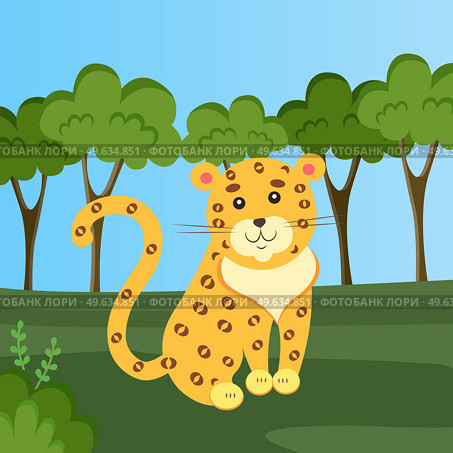 Leopard is resting in clearing. Wild animal in nature. Mixed forest landscape with trees and greenery. Feline with fluffy hair and dark spots sitting in meadow. Wild representative of forest fauna. Feline with fluffy hair and dark spots sitting in meadow. Leopard is resting in clearing in forest. Стоковая иллюстрация, агентство Ingram Publishing / Фотобанк Лори