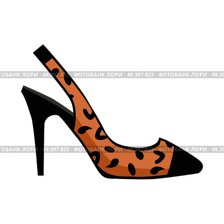 Leopard slingback shoe with black toe on high heel isolated on white background. Fashionable women footgear for chic look. Footwear with print vector illustration. Bright accent in casual outfit.. Glamorous Leopard Slingback Shoe Illustration. Стоковая иллюстрация, агентство Ingram Publishing / Фотобанк Лори