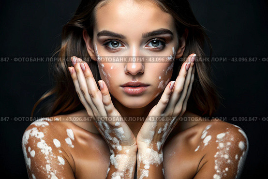 Leukoderma. Vitiligo. Violation of skin pigmentation. Large white spots all over the body and face. Portrait of a beautiful girl with a skin disease. Стоковое AI-изображение, AI-художник Photojuli / Фотобанк Лори