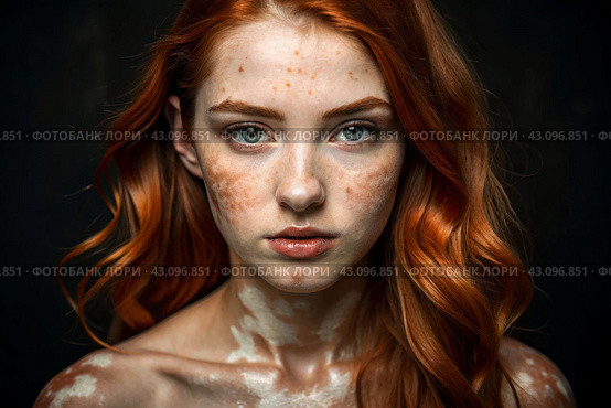 Leukoderma. Vitiligo. Violation of skin pigmentation. Large white spots all over the body and face. Portrait of a beautiful girl with a skin disease. Стоковое AI-изображение, AI-художник Photojuli / Фотобанк Лори