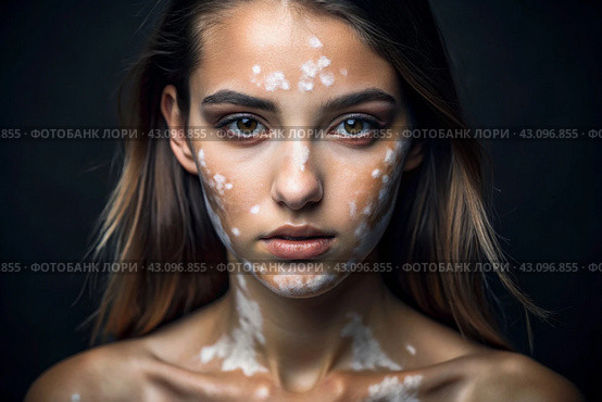 Leukoderma. Vitiligo. Violation of skin pigmentation. Large white spots all over the body and face. Portrait of a beautiful girl with a skin disease. Стоковое AI-изображение, AI-художник Photojuli / Фотобанк Лори